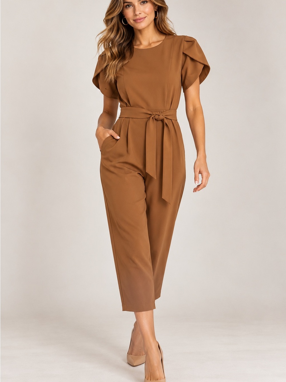 Calvin Klein Camel Brown Tie-Waist Cropped Jumpsuit